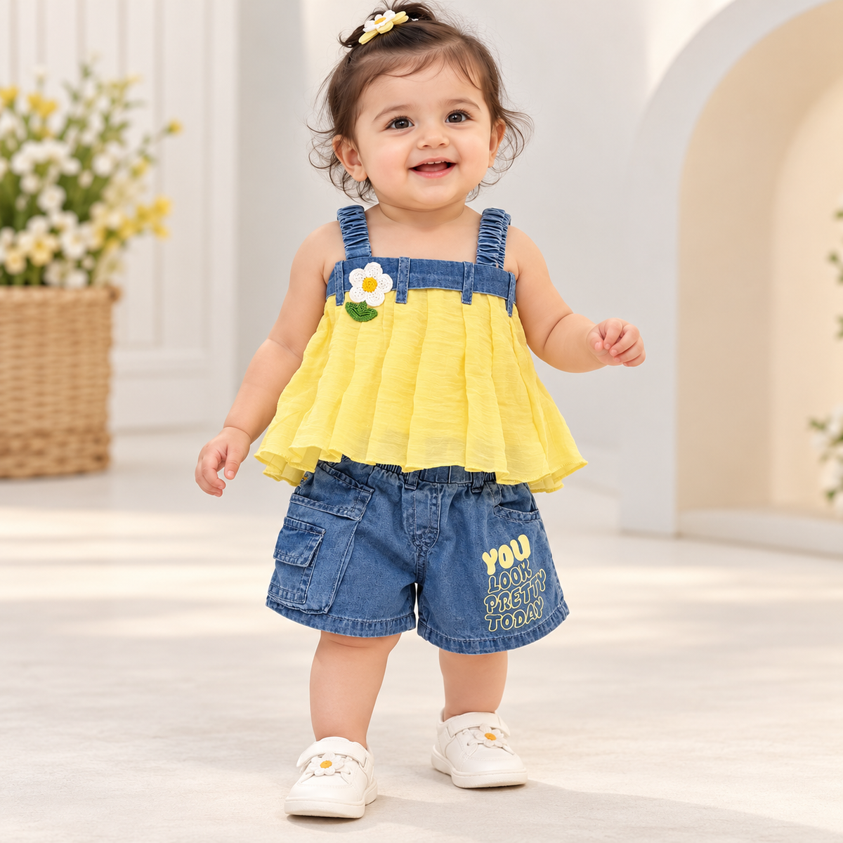Girl wearing a yellow daisy top with denim straps and blue denim cargo shorts