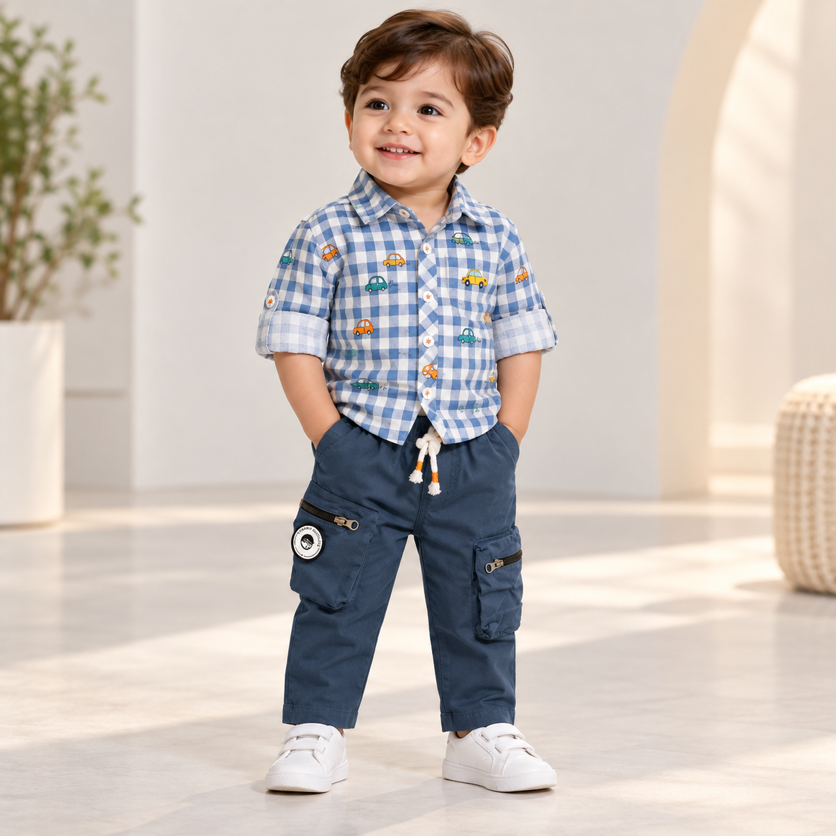 Boy wearing a blue and white car-print checked shirt and navy cargo pants