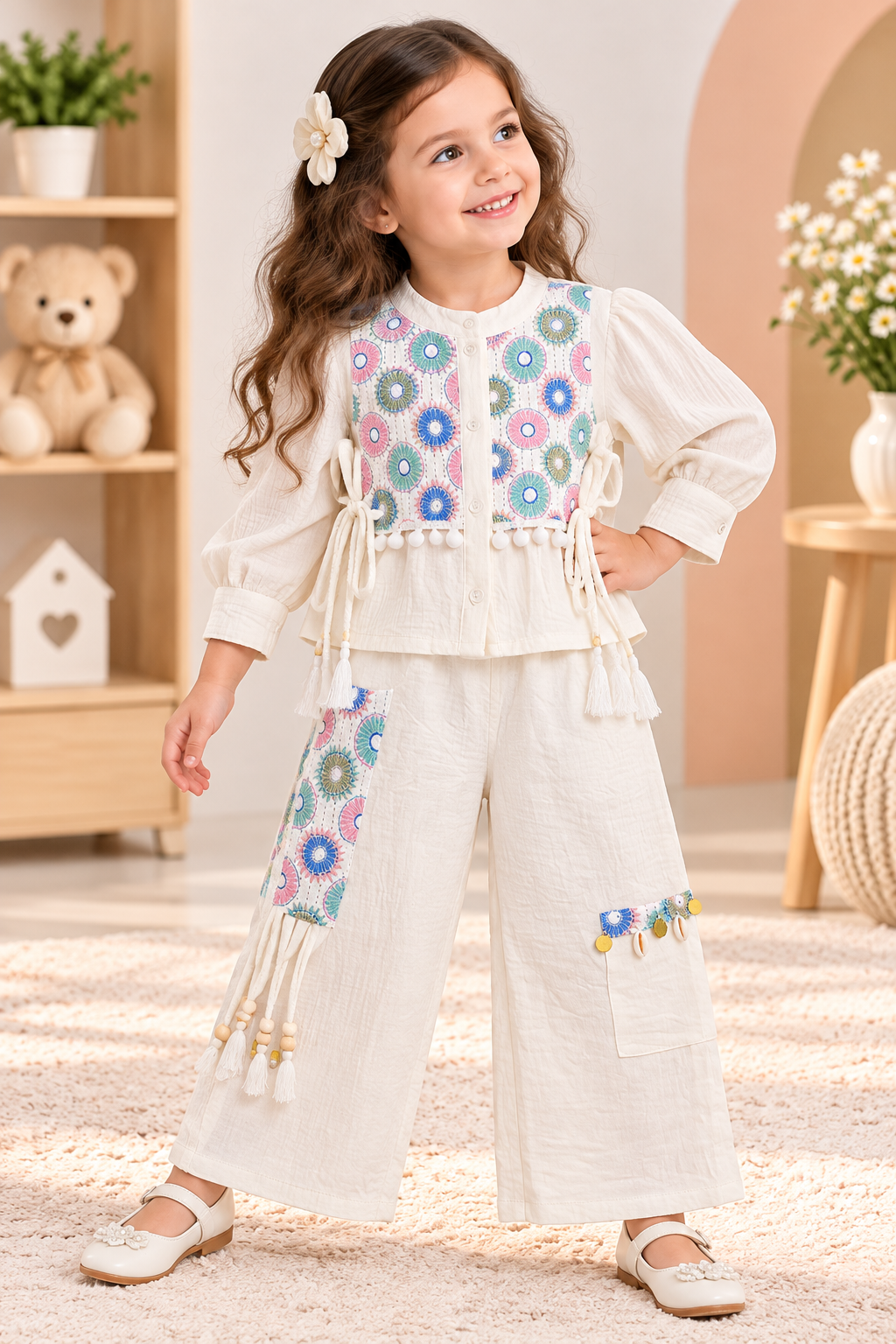 Girl wearing a cream floral-panel top with tassel ties and matching wide-leg palazzo pants