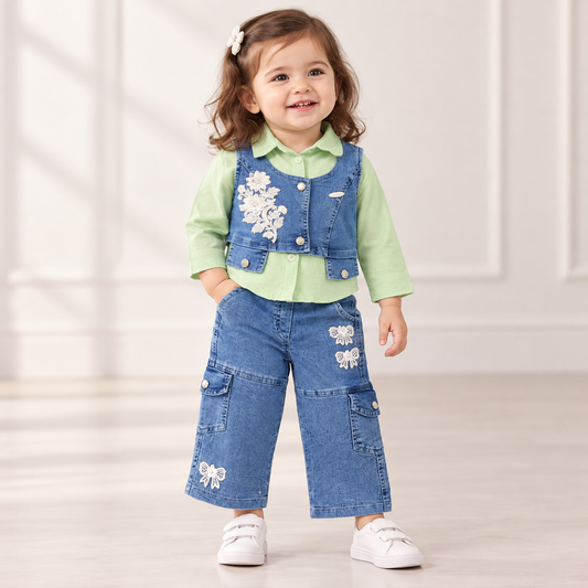 Girl wearing a light green collared shirt, floral denim vest and wide-leg denim cargo pants with bow details