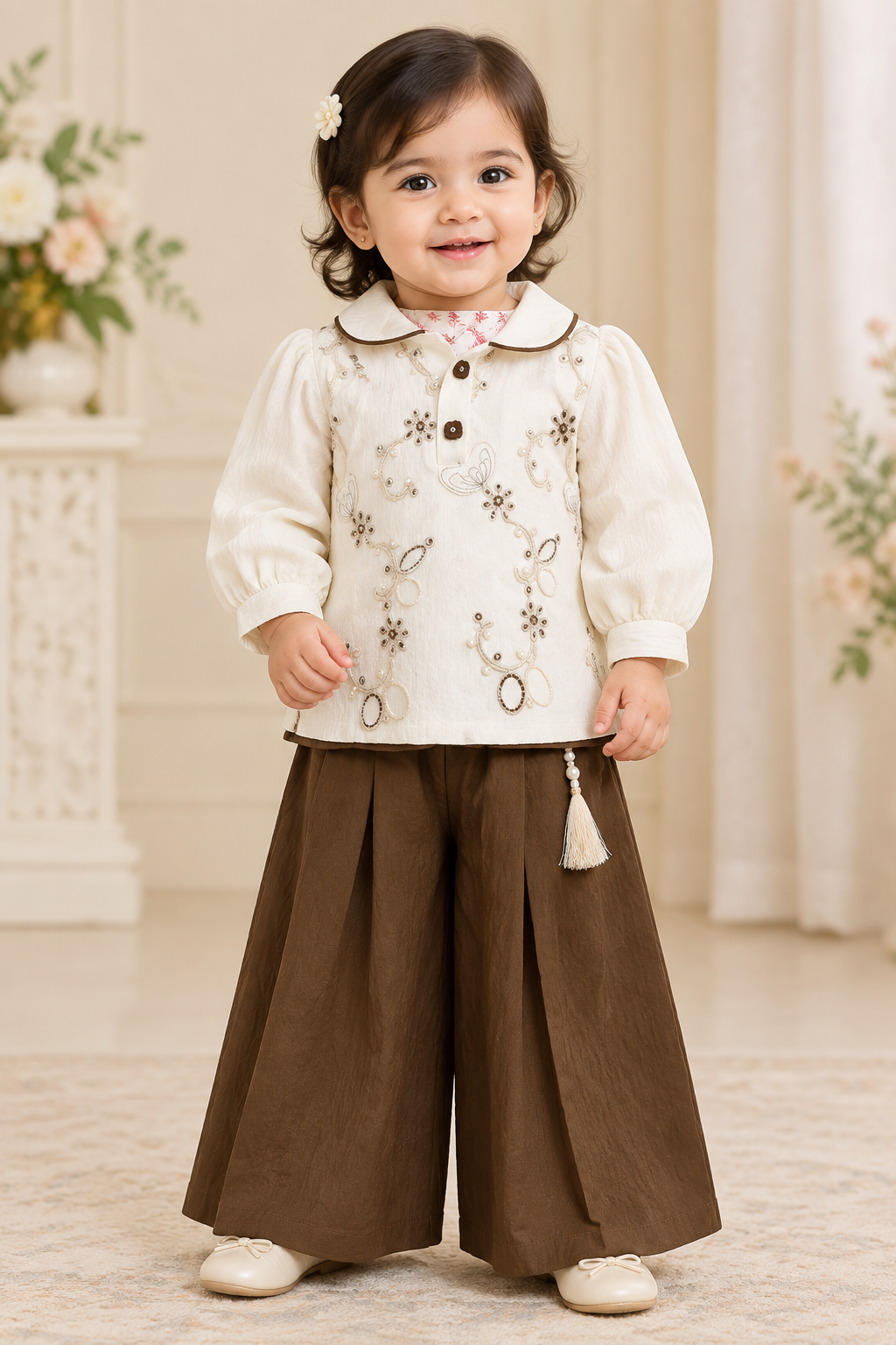 Little girl wearing embroidered top and full-length brown palazzo