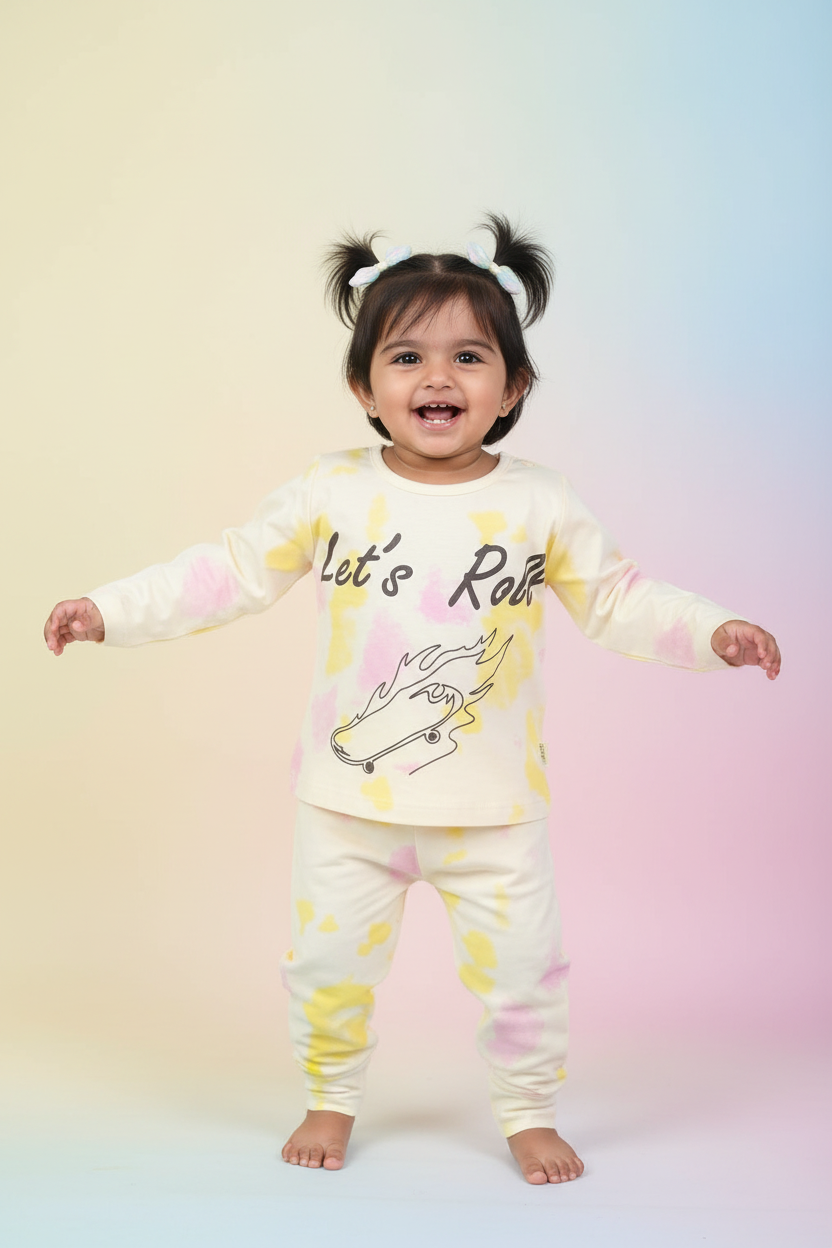 Baby girl wearing yellow pink tie-dye Let's Roll skateboard co-ord set - mockup