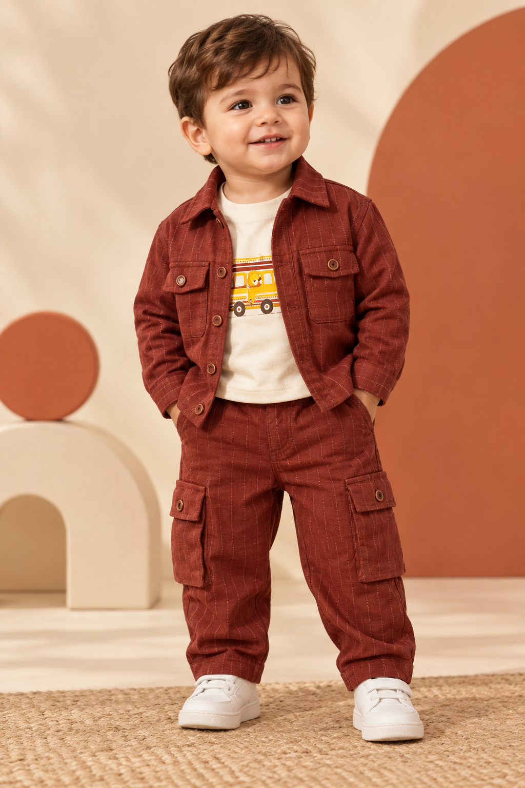 Toddler wearing rust jacket over cream graphic tee with matching cargo pants