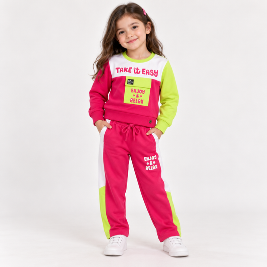 Girl wearing a pink, white and lime colourblock sweatshirt and matching pants
