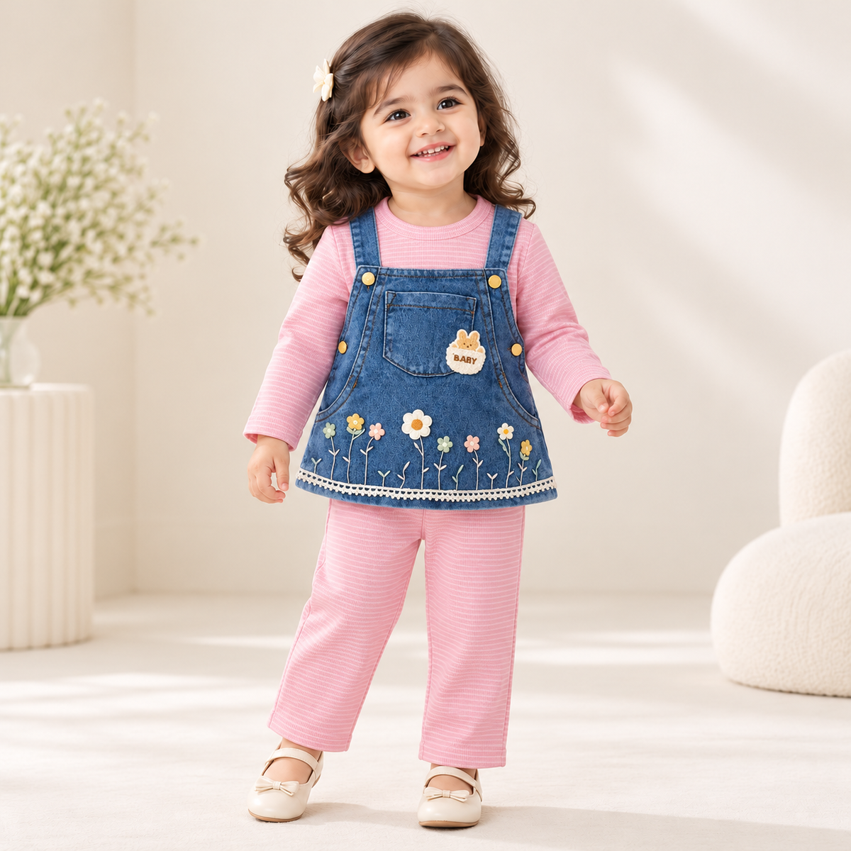 Girl wearing a blue floral denim pinafore with a pink long-sleeve top and pink pants