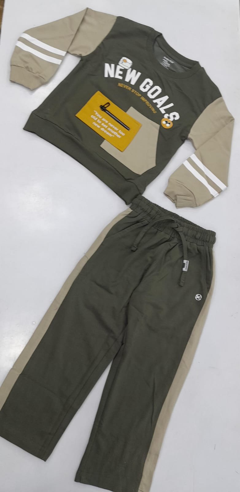 Mint Kids 3052 Boys olive green and beige New Goals colour block sweatshirt with matching jogger pants