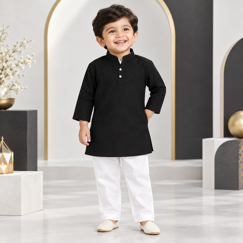 Toddler boy wearing plain black kurta and white pyjama in a modern monochrome festive studio
