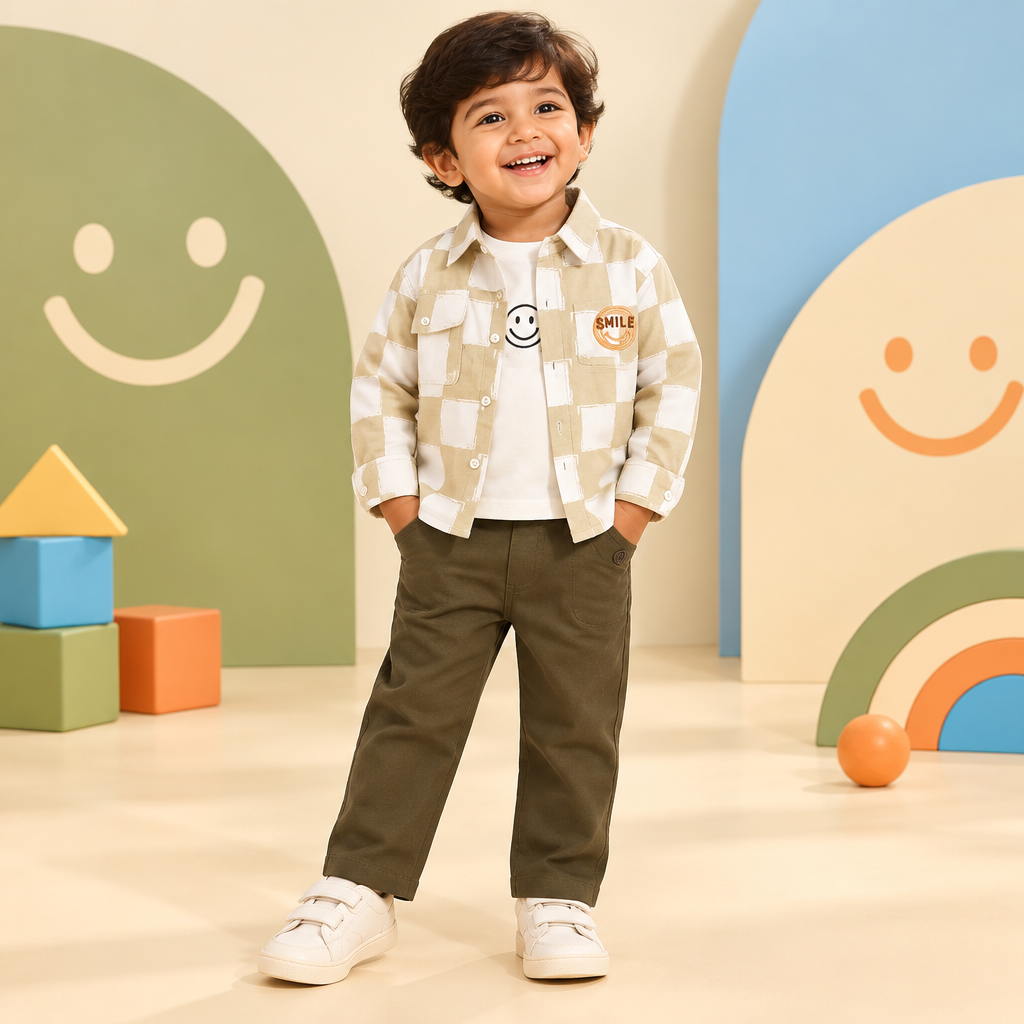 Toddler boy wearing beige checkerboard shirt, smile tee and olive pants with a clean covered waistband