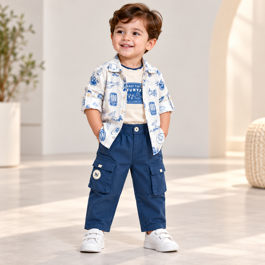 Boy wearing a white blue-doodle print shirt, cream graphic T-shirt and navy cargo pants