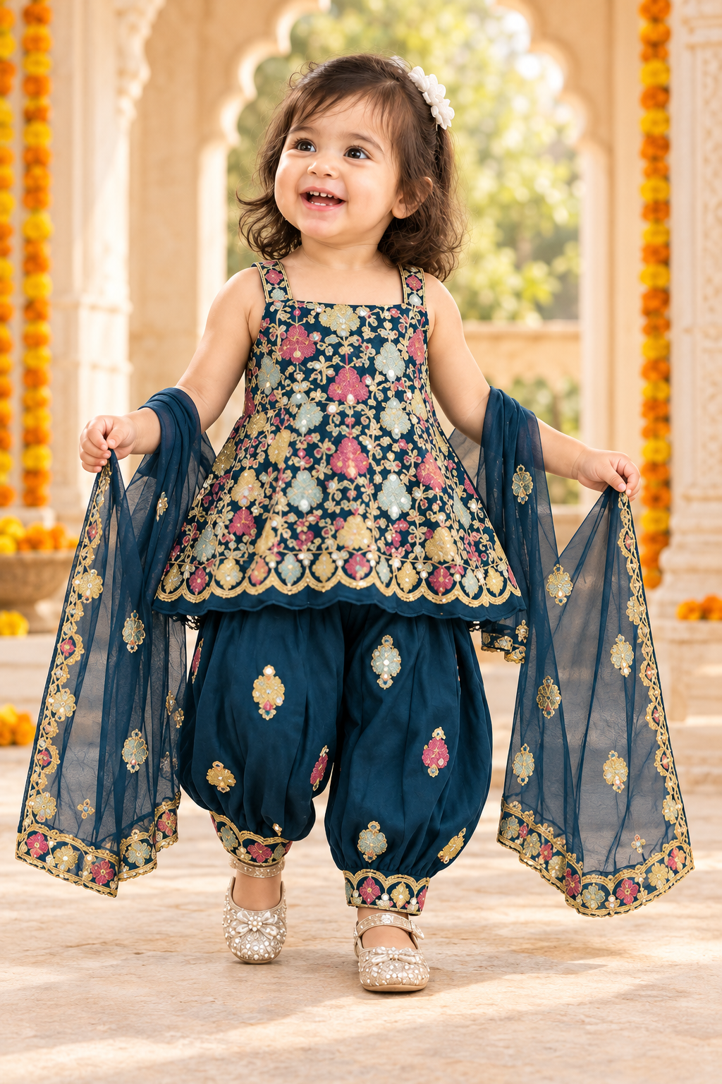 Baby girl wearing navy floral peplum and gathered lower with full navy ehram dupatta