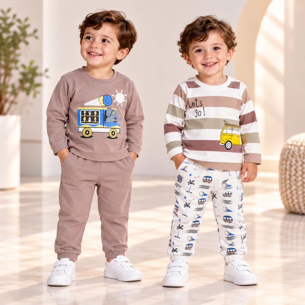 Two boys wearing taupe and striped vehicle graphic tops with coordinating joggers