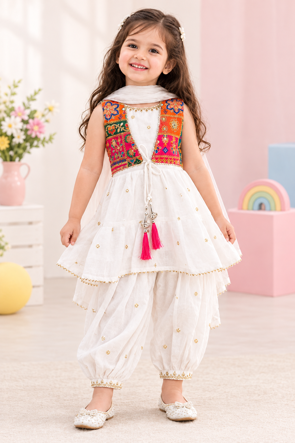 Toddler girl wearing multicolour embroidered vest, white peplum and ehram with pink tassels