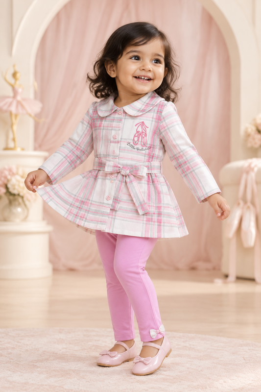 Toddler girl wearing checked ballerina tunic and pink leggings