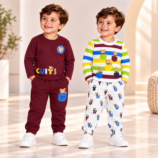 Boys wearing maroon and multicolour striped teddy bear graphic tops with coordinating joggers