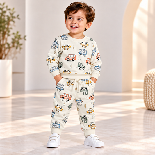 Boy wearing a cream sweatshirt and matching joggers with colourful car and bus prints