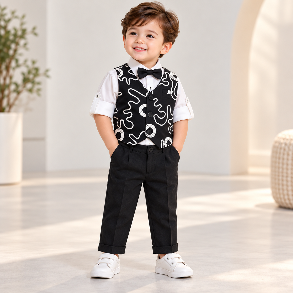 Boy wearing a white shirt, black abstract-print waistcoat, black pants and bow tie