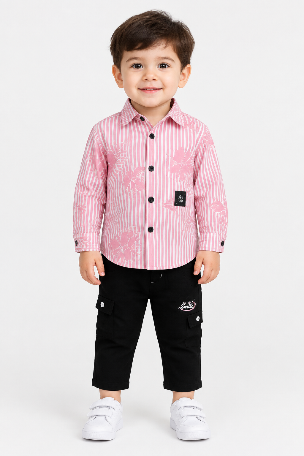 Toddler model wearing a pink striped floral shirt and black pants