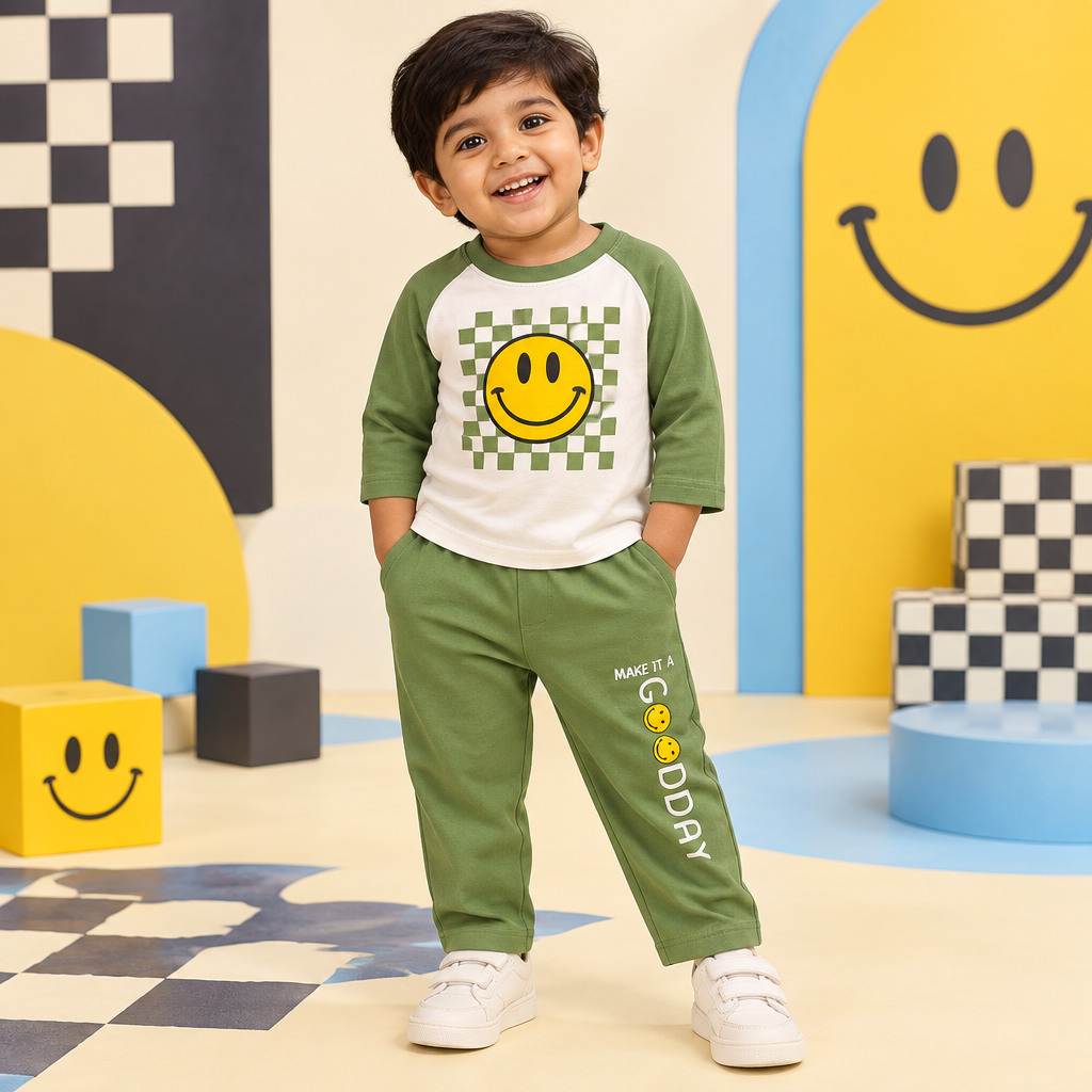 Toddler boy wearing smiley checkered raglan T-shirt and matching jogger set with a clean covered waistband