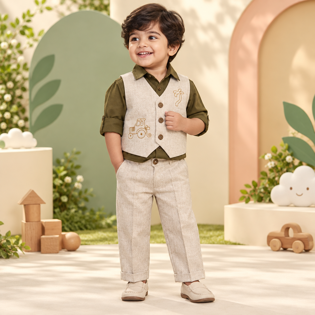 Toddler boy wearing olive shirt with cream waistcoat and pants in a playful garden-party studio