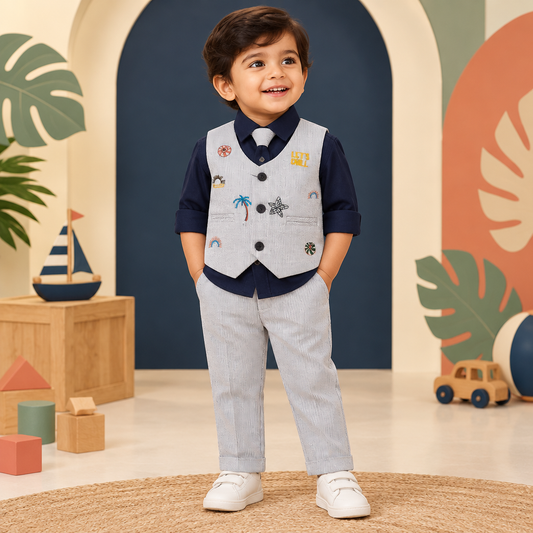 Toddler boy wearing navy shirt, tropical embroidered waistcoat and pinstripe pants with a clean waistband