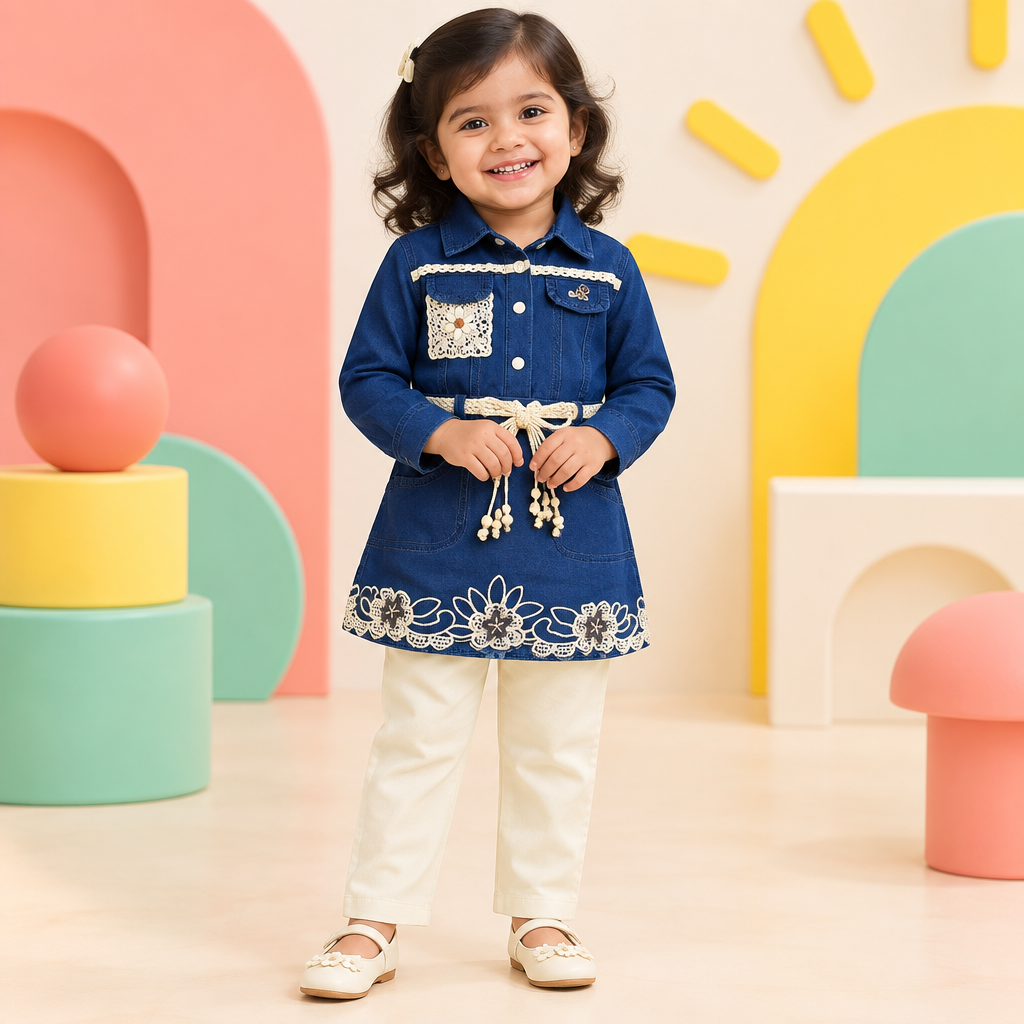 Toddler girl wearing navy embroidered shirt and cream bottom in a playful studio