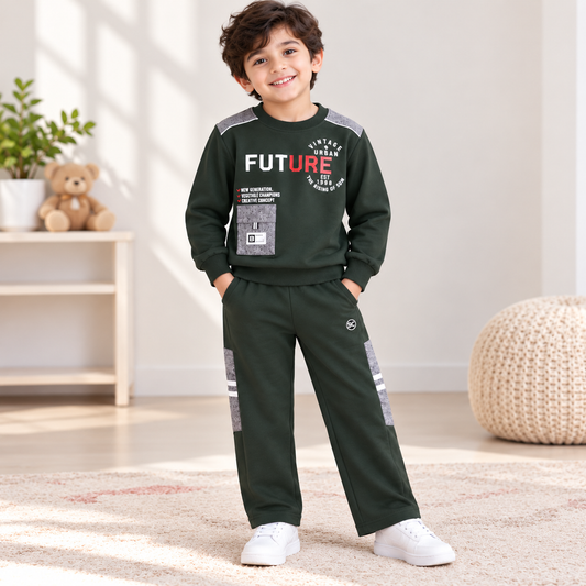 Boy wearing a dark green Future graphic sweatshirt and matching pants with grey panel details