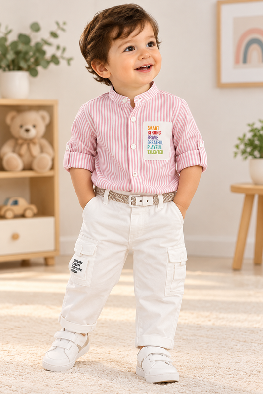 Baby boy wearing a pink striped mandarin-collar shirt with white cargo pants and a woven belt