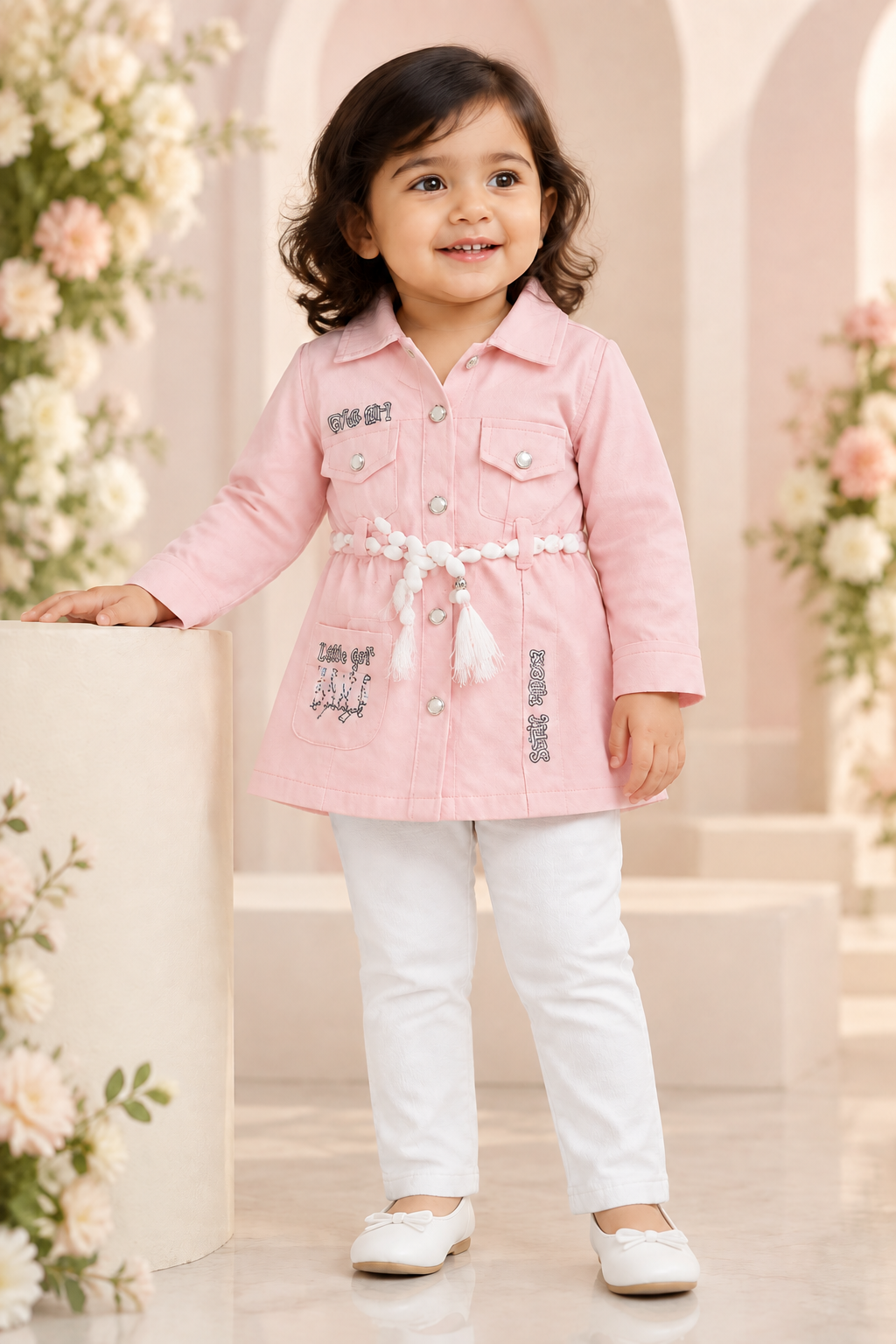 18-month-old girl wearing pale pink collared top and white pants