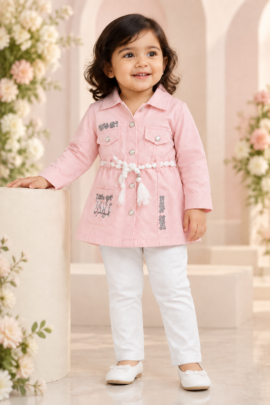 18-month-old girl wearing pale pink collared top and white pants