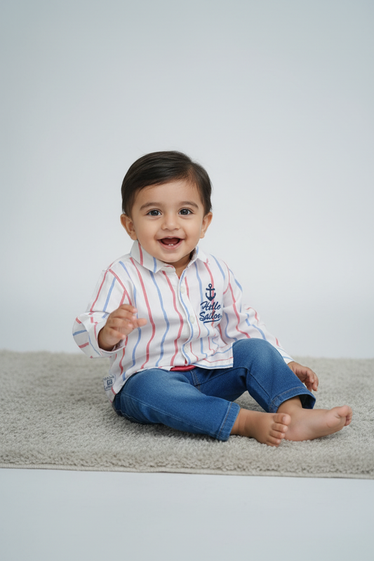 Baby boy wearing little sailor stripe shirt and blue denim jeans set - mockup