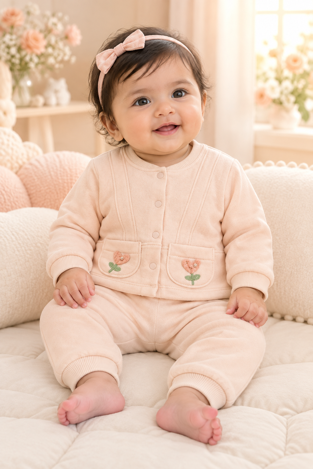 Six-month baby girl wearing peach floral applique jacket and matching joggers