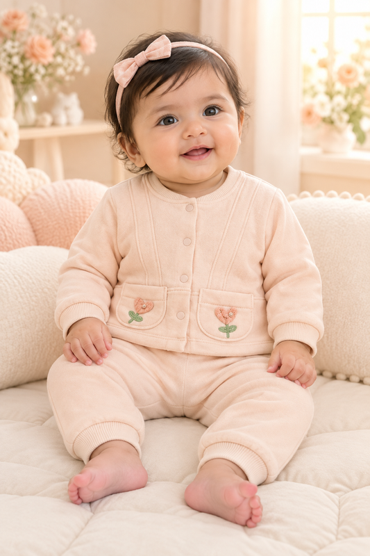 Six-month baby girl wearing peach floral applique jacket and matching joggers
