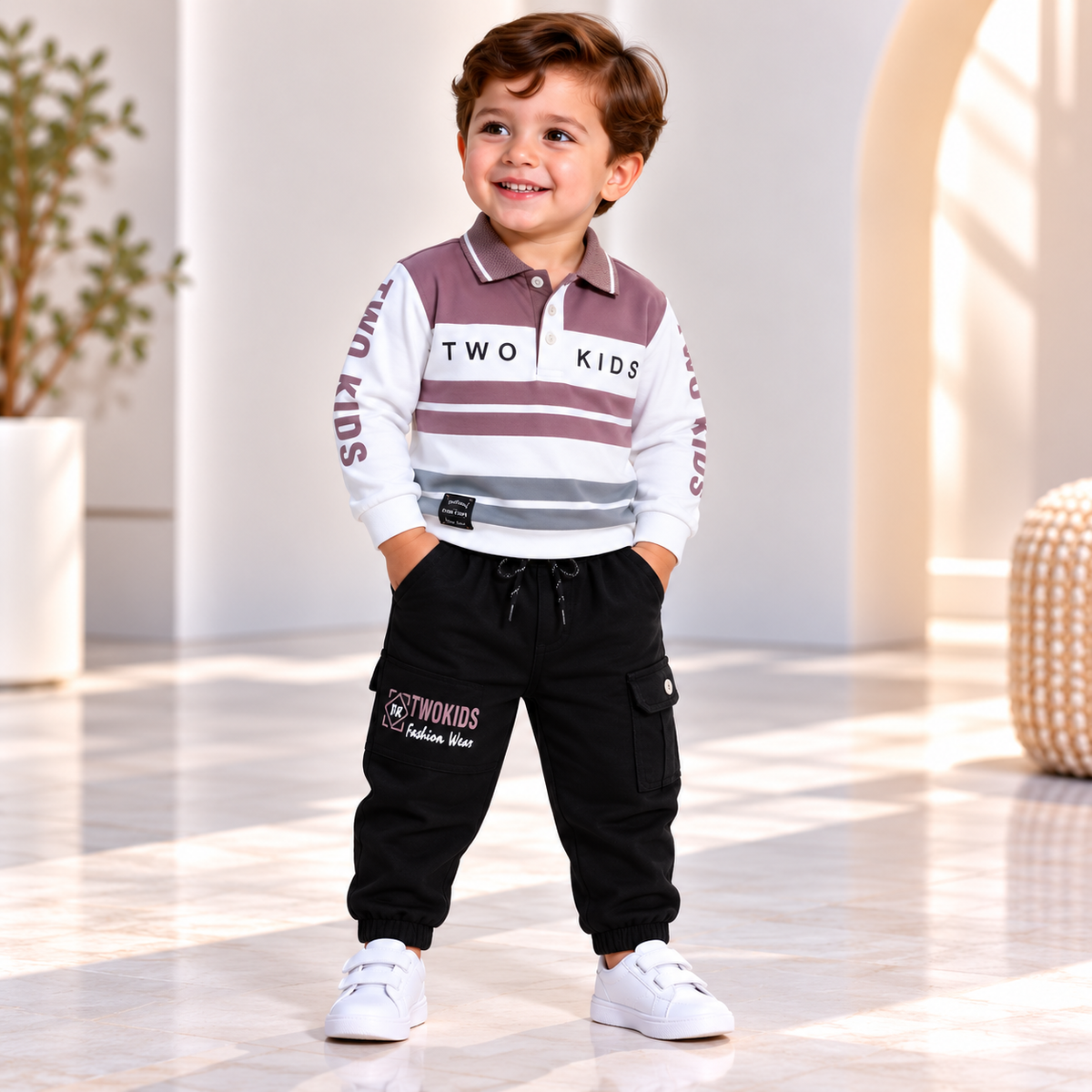 Boy wearing a mauve, white and grey striped polo with black drawstring cargo pants