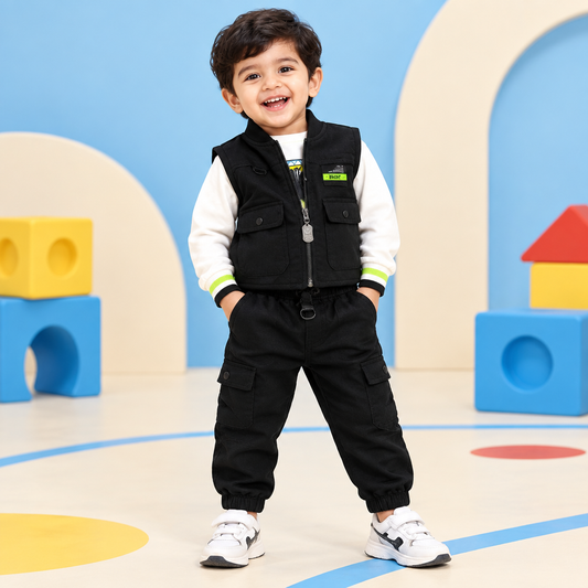 Toddler boy wearing black and white varsity bomber jacket with black jogger pants in a playful sporty studio