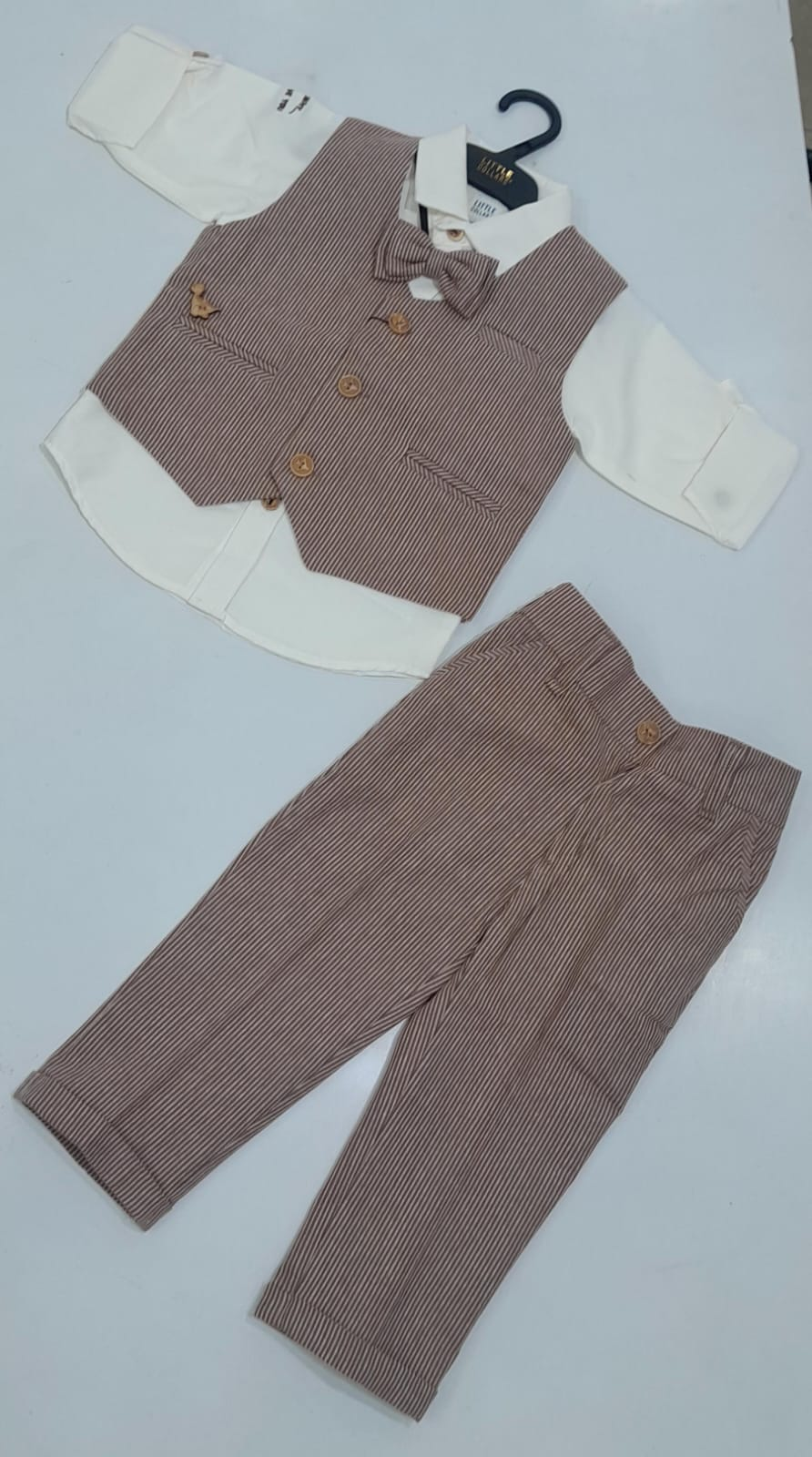 Mint Kids 2311 – 3-piece boys formal brown striped waistcoat, white shirt with bow tie and matching trousers