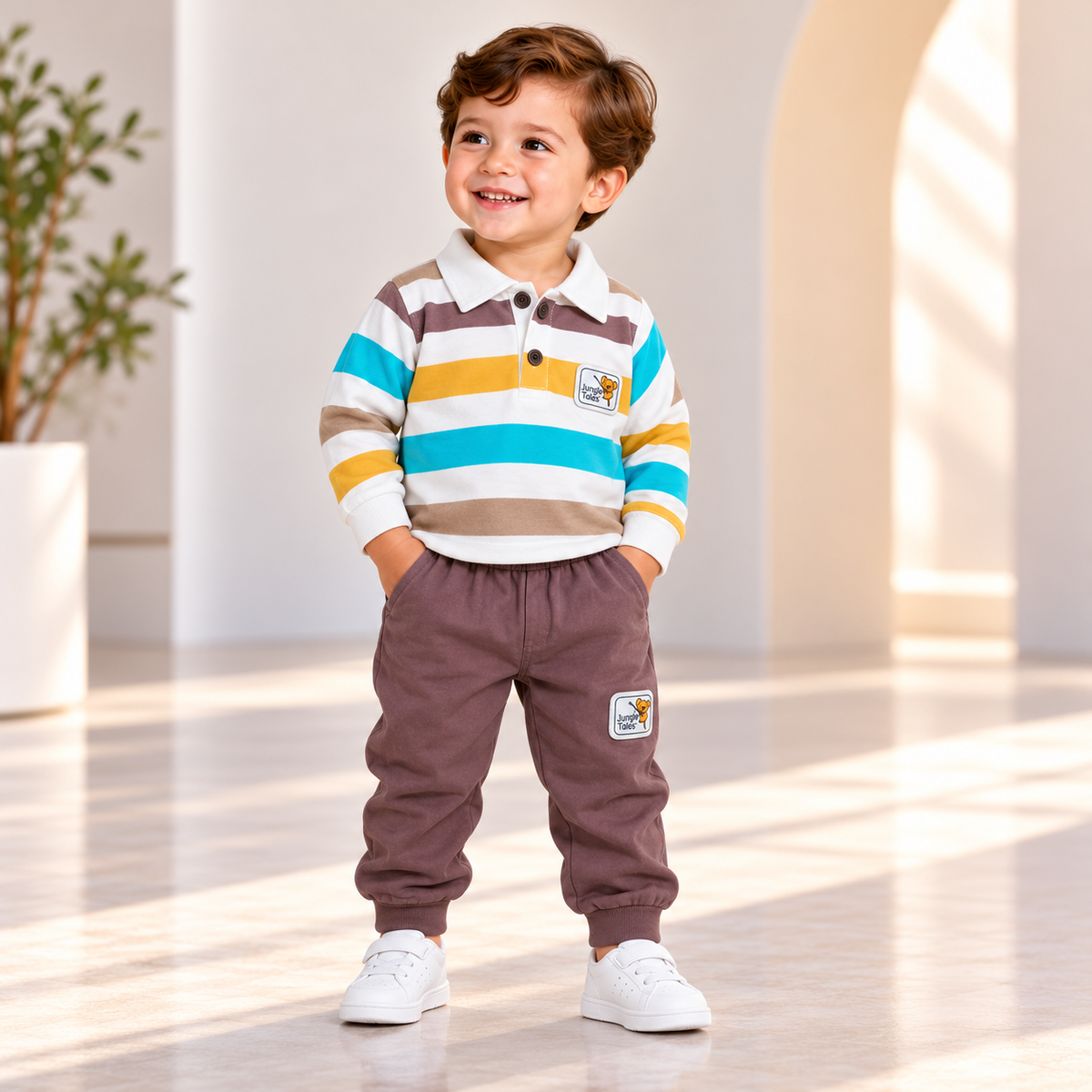 Boy wearing a multicolour striped long-sleeve polo and mauve cuffed joggers