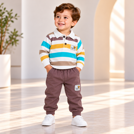 Boy wearing a multicolour striped long-sleeve polo and mauve cuffed joggers