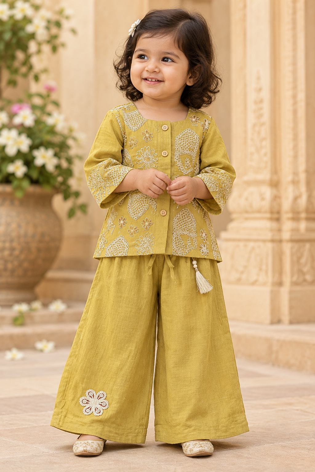 Toddler girl wearing mustard embroidered top and full-length wide-leg palazzo
