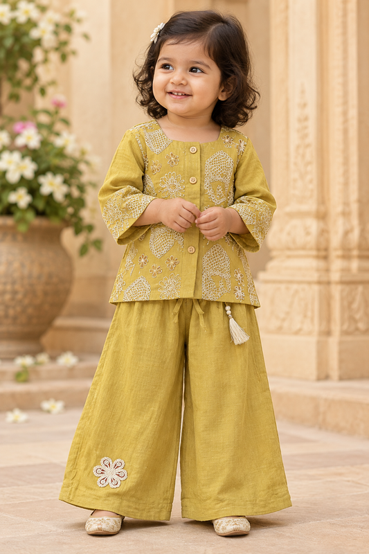 Toddler girl wearing mustard embroidered top and full-length wide-leg palazzo