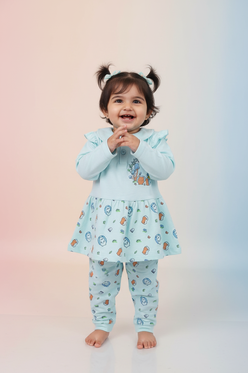 Baby girl wearing mint lion print tunic and matching jogger pants - 2 year old model mockup
