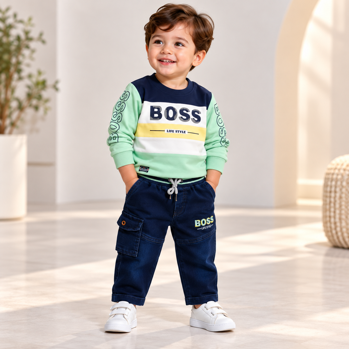 Boy wearing a mint colourblock graphic sweatshirt with navy drawstring cargo pants