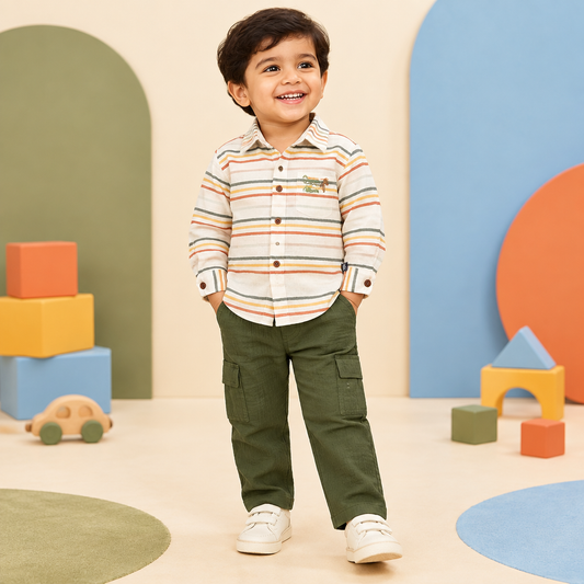 Toddler boy wearing multicolour stripe shirt and olive cargo pants with a clean covered waistband