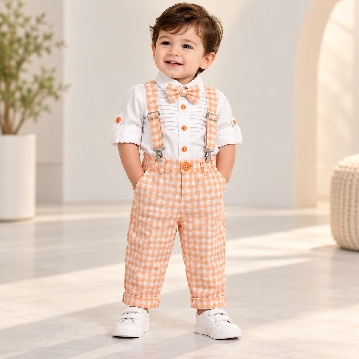 Boy wearing a white shirt with peach check pants, matching suspenders and bow tie