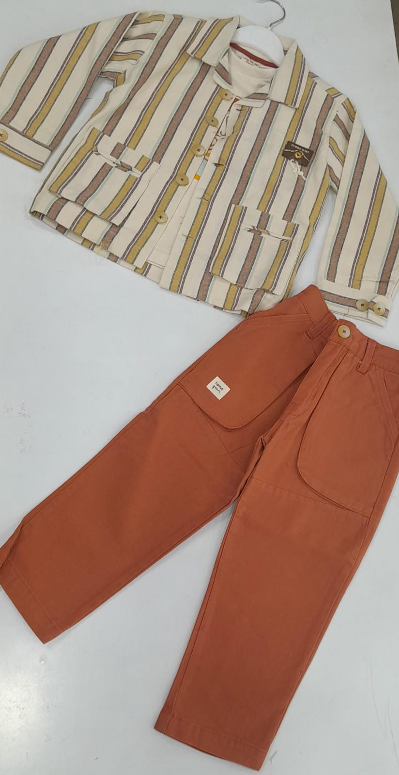 Mint Kids 2379 Boys Striped Shirt and Rust Cargo Pants Set