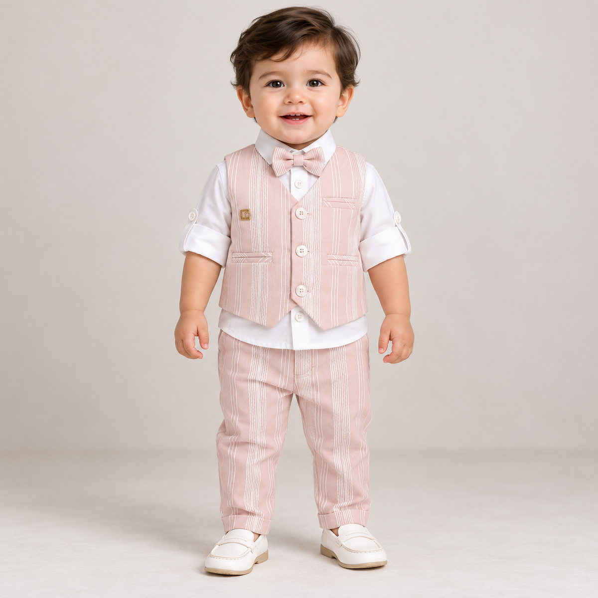 Boy wearing a white shirt, pink pinstripe waistcoat, matching pants and bow tie
