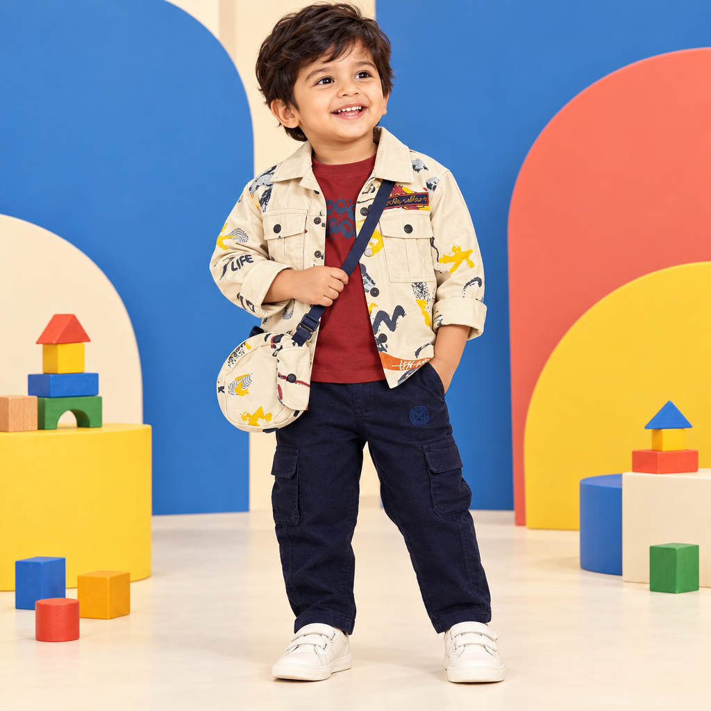 Toddler boy wearing printed jacket, tee and pants with matching side purse in a playful fashion studio