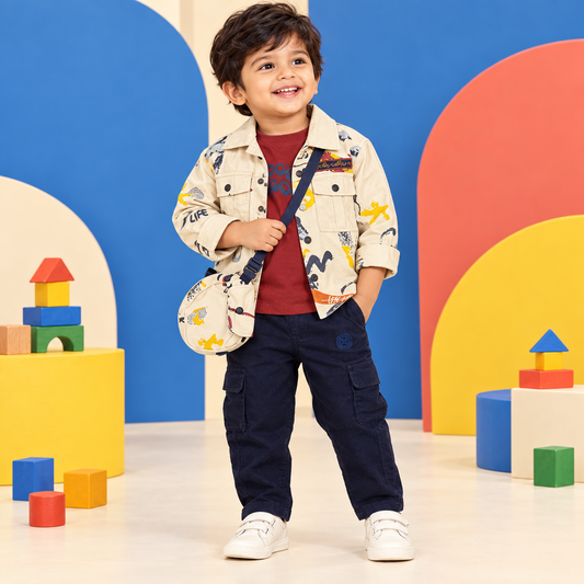 Toddler boy wearing printed jacket, tee and pants with matching side purse in a playful fashion studio