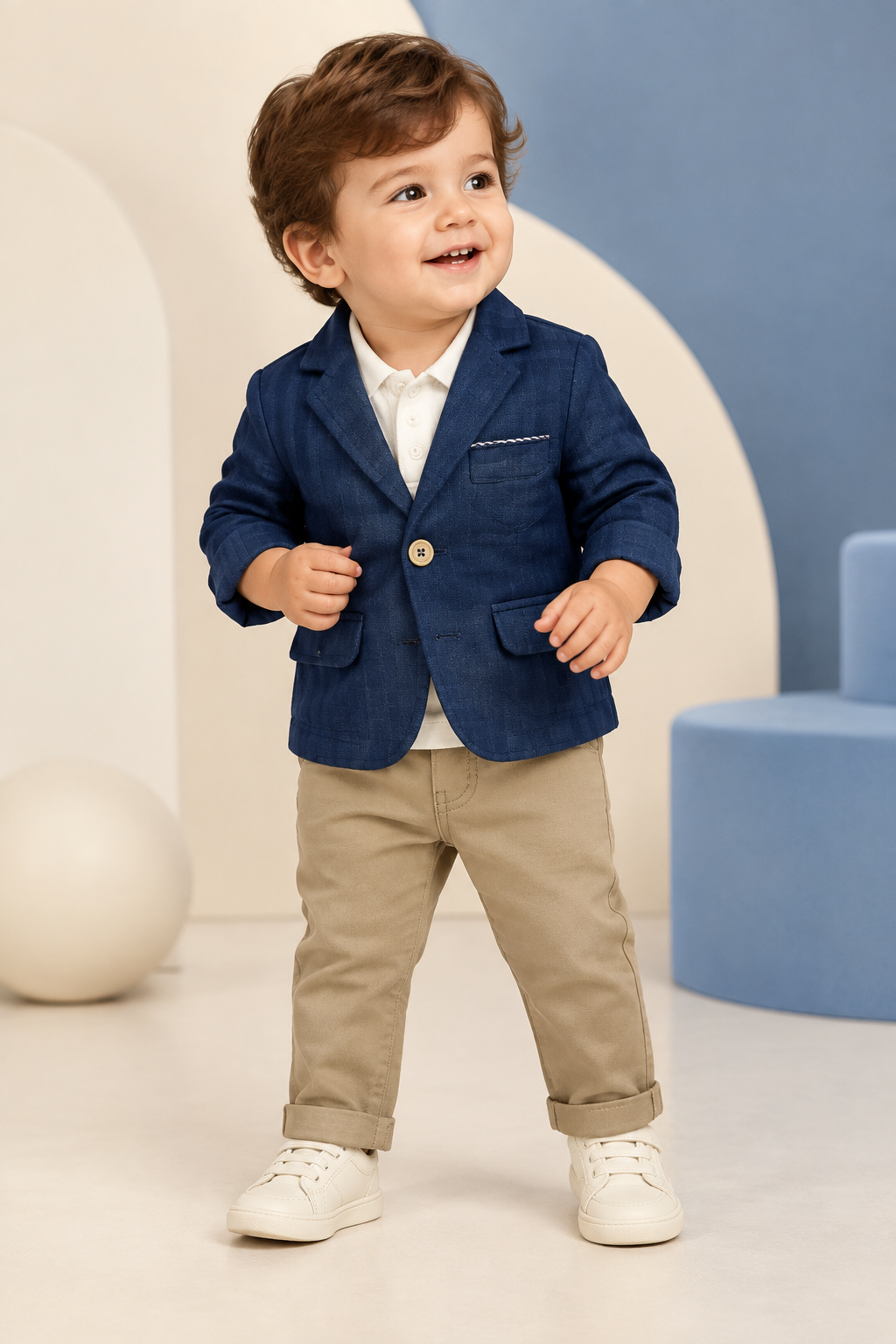 Toddler wearing navy blazer, white shirt and beige pants