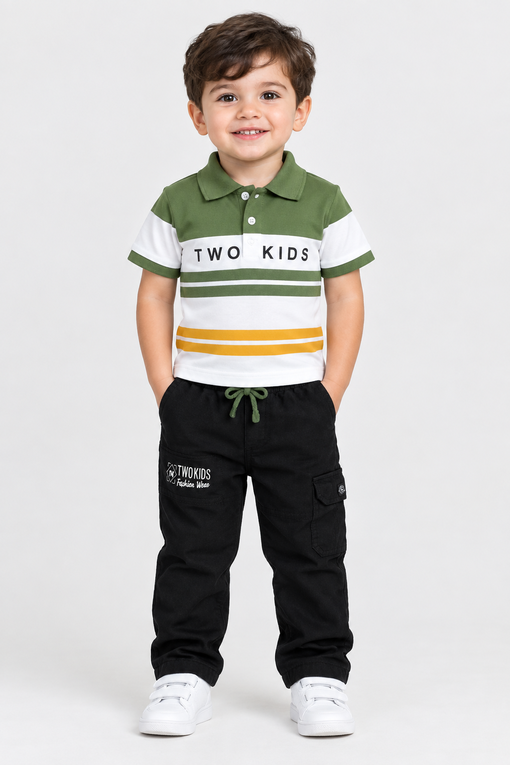Toddler boy wearing olive and white striped polo with black pants