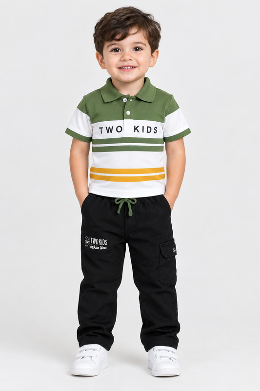 Toddler boy wearing olive and white striped polo with black pants